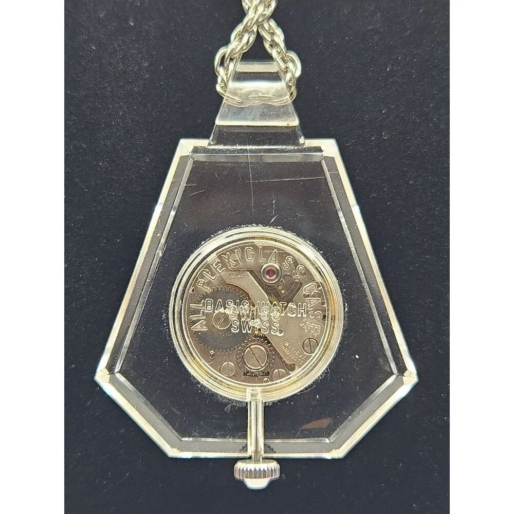 Vintage Sutton Swiss Manual Wind Lucite Plexiglass Pendant Watch MCM 1 Jewel 70s